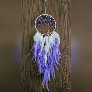 Boho Amethyst Tree Of Life Dreamcatcher with Purple and White Feathers